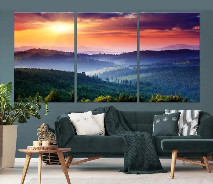 Mountain and Sunset Wall Art Canvas Print features a dynamic sunset over rolling hills and forests, crafted on museum-quality canvas with UV-protective coating.