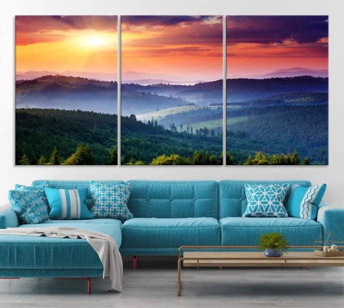 Mountain and Sunset Wall Art Canvas Print features a dynamic sunset over rolling hills and forests, crafted on museum-quality canvas with UV-protective coating.