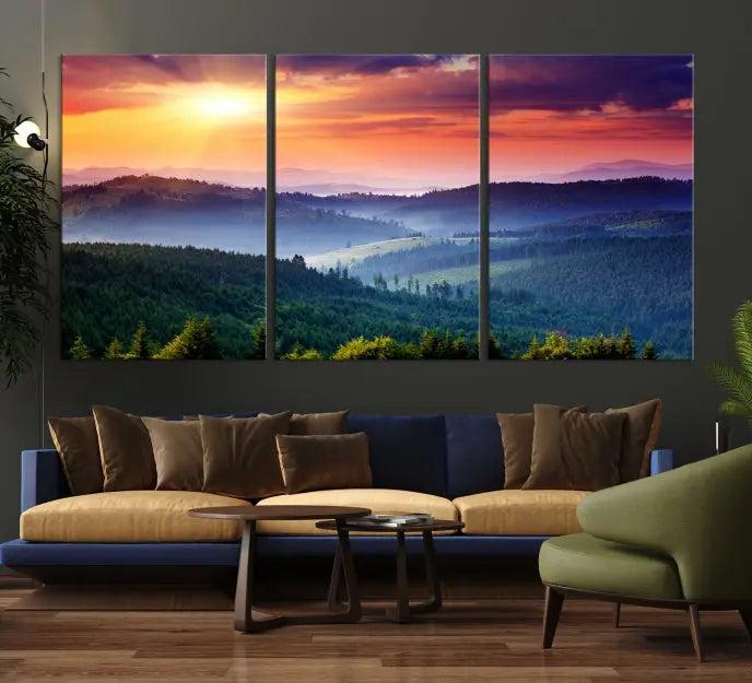 Mountain and Sunset Wall Art Canvas Print features a dynamic sunset over rolling hills and forests, crafted on museum-quality canvas with UV-protective coating.