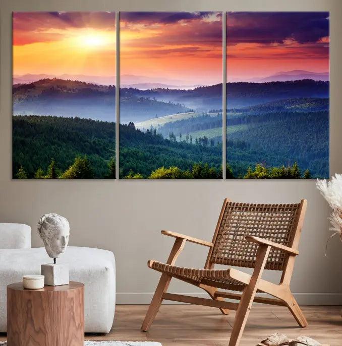 Mountain and Sunset Wall Art Canvas Print features a dynamic sunset over rolling hills and forests, crafted on museum-quality canvas with UV-protective coating.