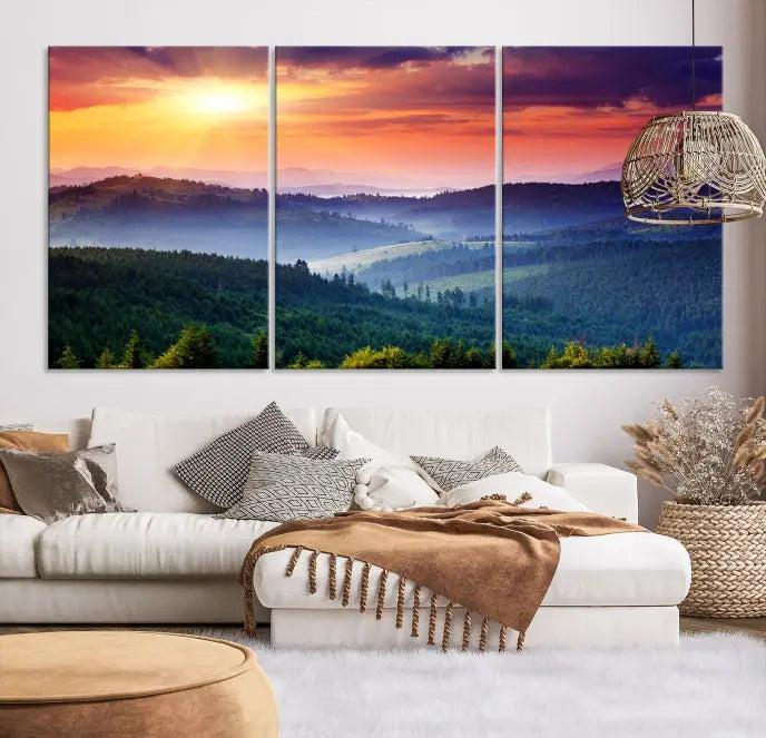 Mountain and Sunset Wall Art Canvas Print features a dynamic sunset over rolling hills and forests, crafted on museum-quality canvas with UV-protective coating.