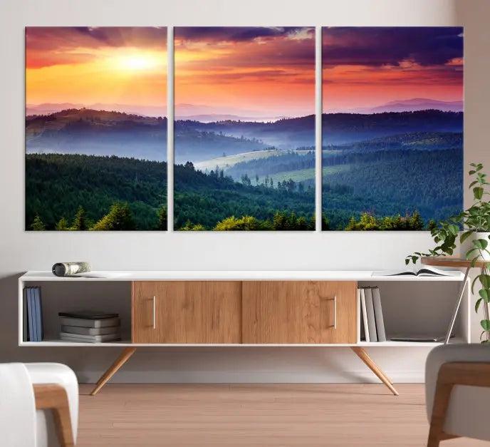 Mountain and Sunset Wall Art Canvas Print features a dynamic sunset over rolling hills and forests, crafted on museum-quality canvas with UV-protective coating.