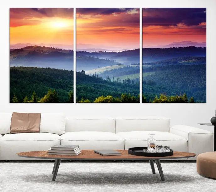 Mountain and Sunset Wall Art Canvas Print features a dynamic sunset over rolling hills and forests, crafted on museum-quality canvas with UV-protective coating.