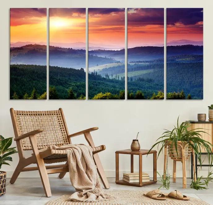 Mountain and Sunset Wall Art Canvas Print features a dynamic sunset over rolling hills and forests, crafted on museum-quality canvas with UV-protective coating.