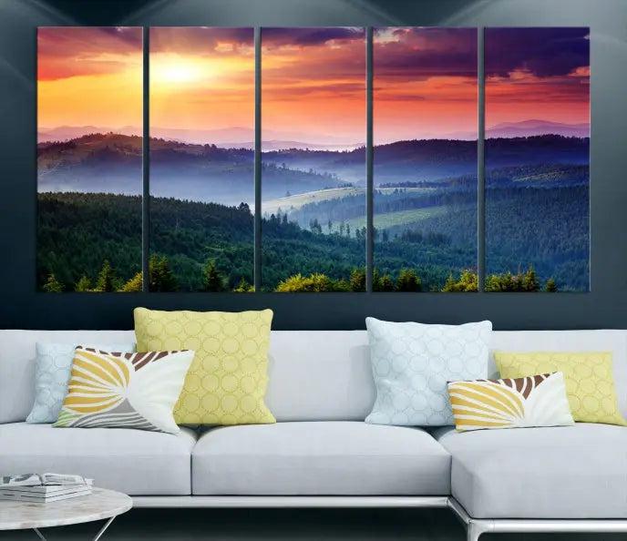 Mountain and Sunset Wall Art Canvas Print features a dynamic sunset over rolling hills and forests, crafted on museum-quality canvas with UV-protective coating.