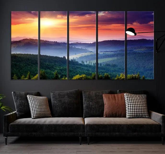 Mountain and Sunset Wall Art Canvas Print features a dynamic sunset over rolling hills and forests, crafted on museum-quality canvas with UV-protective coating.