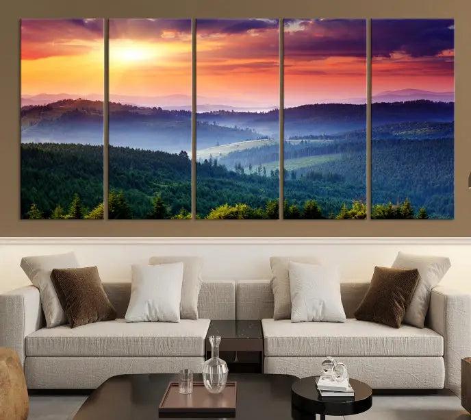 Mountain and Sunset Wall Art Canvas Print features a dynamic sunset over rolling hills and forests, crafted on museum-quality canvas with UV-protective coating.