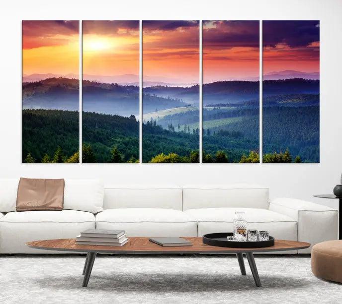 Mountain and Sunset Wall Art Canvas Print features a dynamic sunset over rolling hills and forests, crafted on museum-quality canvas with UV-protective coating.