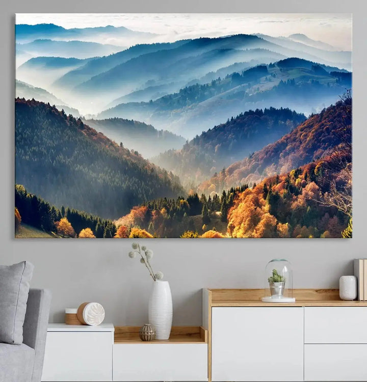 Transform your living room with the "Mountains Forest Autumn Wall Art Canvas Print," a stunning triptych showcasing misty mountains and forests. This museum-quality canvas comes with a UV-protective coating and is ready to hang, perfect for displaying above your sofa.