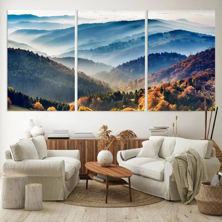 Transform your living room with the "Mountains Forest Autumn Wall Art Canvas Print," a stunning triptych showcasing misty mountains and forests. This museum-quality canvas comes with a UV-protective coating and is ready to hang, perfect for displaying above your sofa.