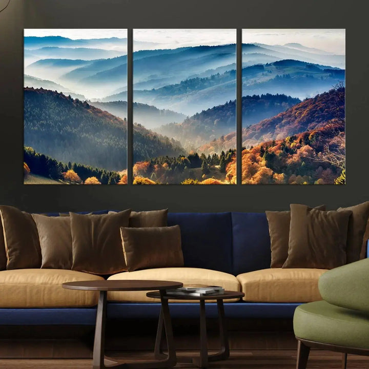 Transform your living room with the "Mountains Forest Autumn Wall Art Canvas Print," a stunning triptych showcasing misty mountains and forests. This museum-quality canvas comes with a UV-protective coating and is ready to hang, perfect for displaying above your sofa.