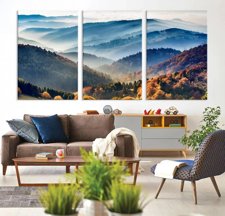 Transform your living room with the "Mountains Forest Autumn Wall Art Canvas Print," a stunning triptych showcasing misty mountains and forests. This museum-quality canvas comes with a UV-protective coating and is ready to hang, perfect for displaying above your sofa.