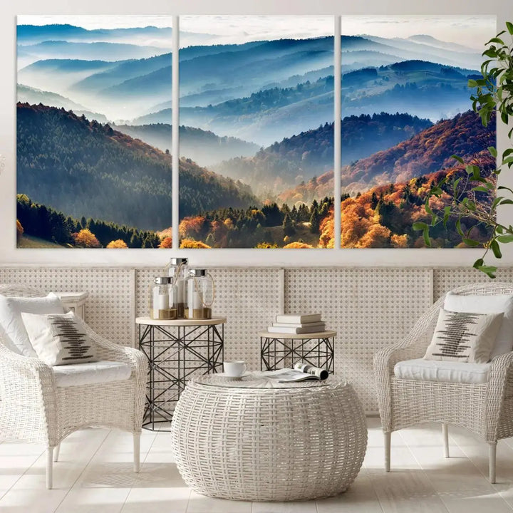 Transform your living room with the "Mountains Forest Autumn Wall Art Canvas Print," a stunning triptych showcasing misty mountains and forests. This museum-quality canvas comes with a UV-protective coating and is ready to hang, perfect for displaying above your sofa.