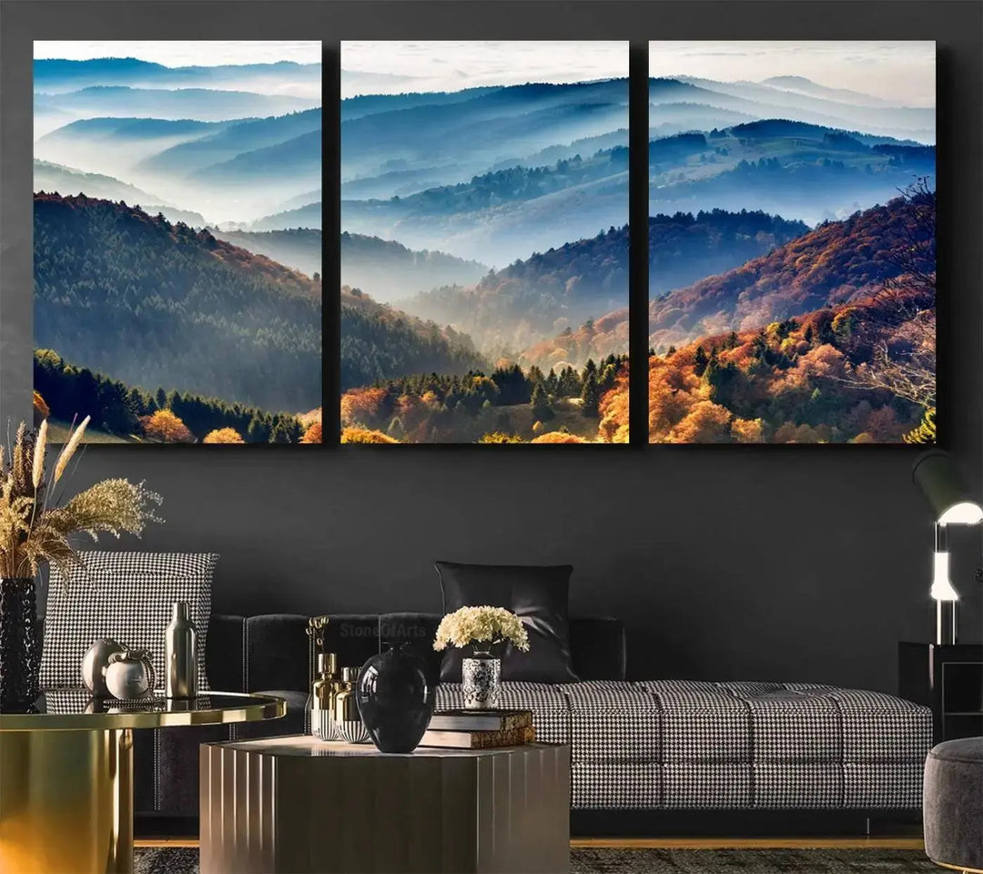 Transform your living room with the "Mountains Forest Autumn Wall Art Canvas Print," a stunning triptych showcasing misty mountains and forests. This museum-quality canvas comes with a UV-protective coating and is ready to hang, perfect for displaying above your sofa.