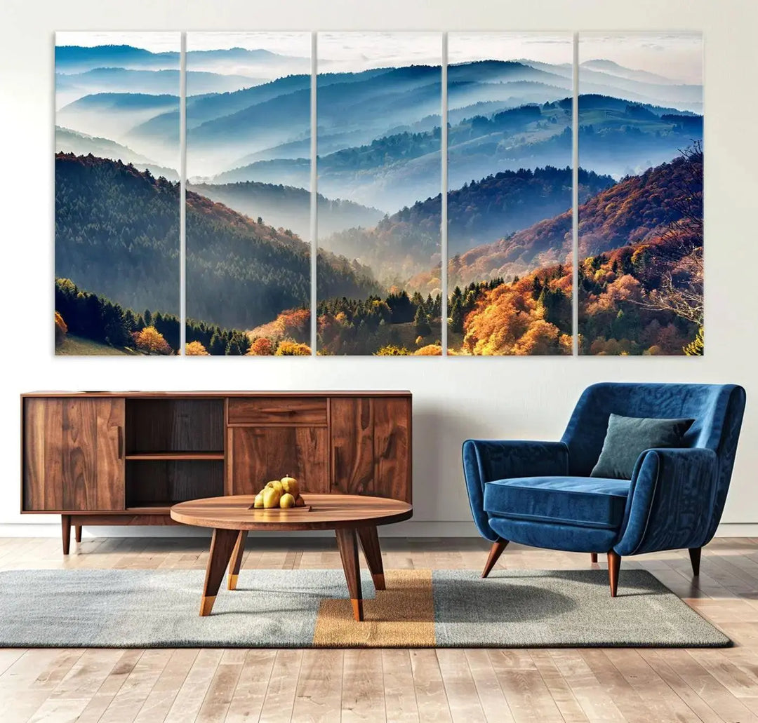 Transform your living room with the "Mountains Forest Autumn Wall Art Canvas Print," a stunning triptych showcasing misty mountains and forests. This museum-quality canvas comes with a UV-protective coating and is ready to hang, perfect for displaying above your sofa.