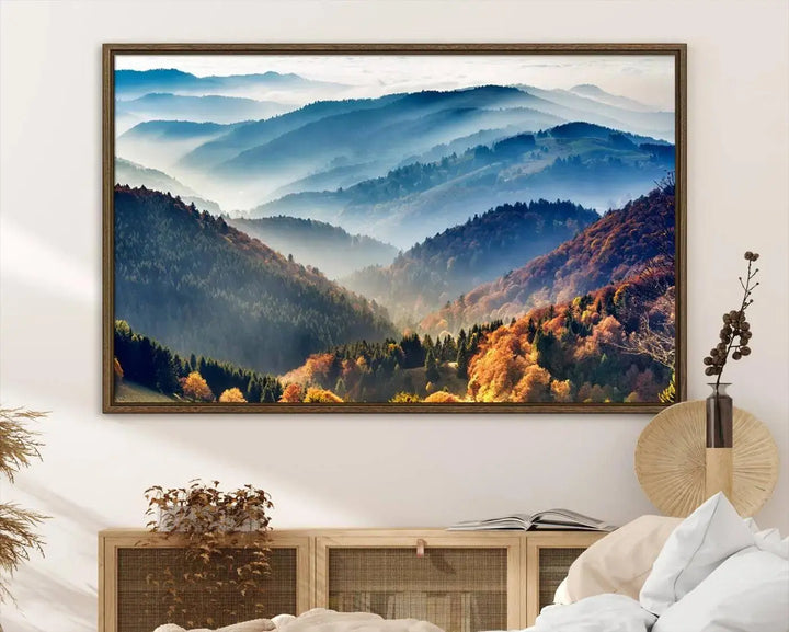 Transform your living room with the "Mountains Forest Autumn Wall Art Canvas Print," a stunning triptych showcasing misty mountains and forests. This museum-quality canvas comes with a UV-protective coating and is ready to hang, perfect for displaying above your sofa.