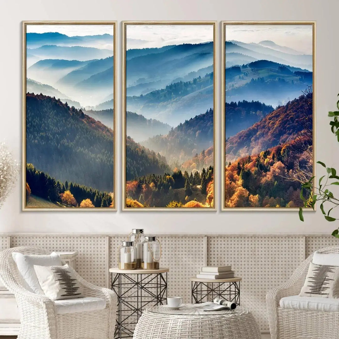 Transform your living room with the "Mountains Forest Autumn Wall Art Canvas Print," a stunning triptych showcasing misty mountains and forests. This museum-quality canvas comes with a UV-protective coating and is ready to hang, perfect for displaying above your sofa.