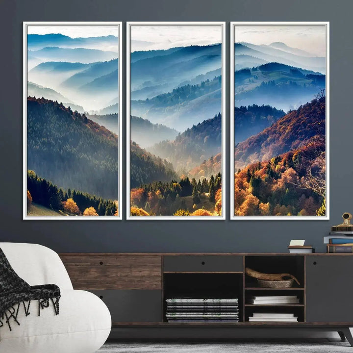 Transform your living room with the "Mountains Forest Autumn Wall Art Canvas Print," a stunning triptych showcasing misty mountains and forests. This museum-quality canvas comes with a UV-protective coating and is ready to hang, perfect for displaying above your sofa.