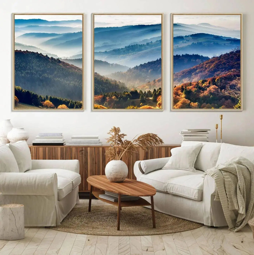 Transform your living room with the "Mountains Forest Autumn Wall Art Canvas Print," a stunning triptych showcasing misty mountains and forests. This museum-quality canvas comes with a UV-protective coating and is ready to hang, perfect for displaying above your sofa.