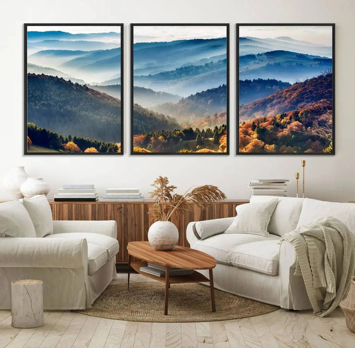 Transform your living room with the "Mountains Forest Autumn Wall Art Canvas Print," a stunning triptych showcasing misty mountains and forests. This museum-quality canvas comes with a UV-protective coating and is ready to hang, perfect for displaying above your sofa.