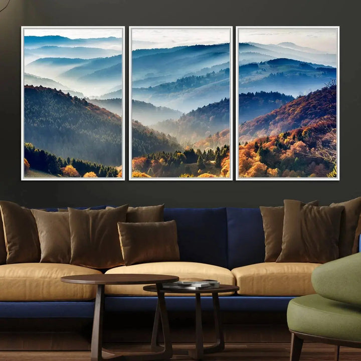 Transform your living room with the "Mountains Forest Autumn Wall Art Canvas Print," a stunning triptych showcasing misty mountains and forests. This museum-quality canvas comes with a UV-protective coating and is ready to hang, perfect for displaying above your sofa.