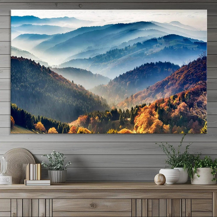 Transform your living room with the "Mountains Forest Autumn Wall Art Canvas Print," a stunning triptych showcasing misty mountains and forests. This museum-quality canvas comes with a UV-protective coating and is ready to hang, perfect for displaying above your sofa.