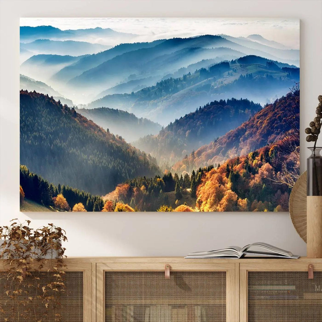 Transform your living room with the "Mountains Forest Autumn Wall Art Canvas Print," a stunning triptych showcasing misty mountains and forests. This museum-quality canvas comes with a UV-protective coating and is ready to hang, perfect for displaying above your sofa.