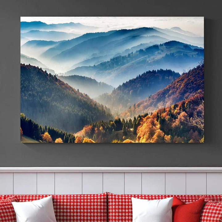 Transform your living room with the "Mountains Forest Autumn Wall Art Canvas Print," a stunning triptych showcasing misty mountains and forests. This museum-quality canvas comes with a UV-protective coating and is ready to hang, perfect for displaying above your sofa.