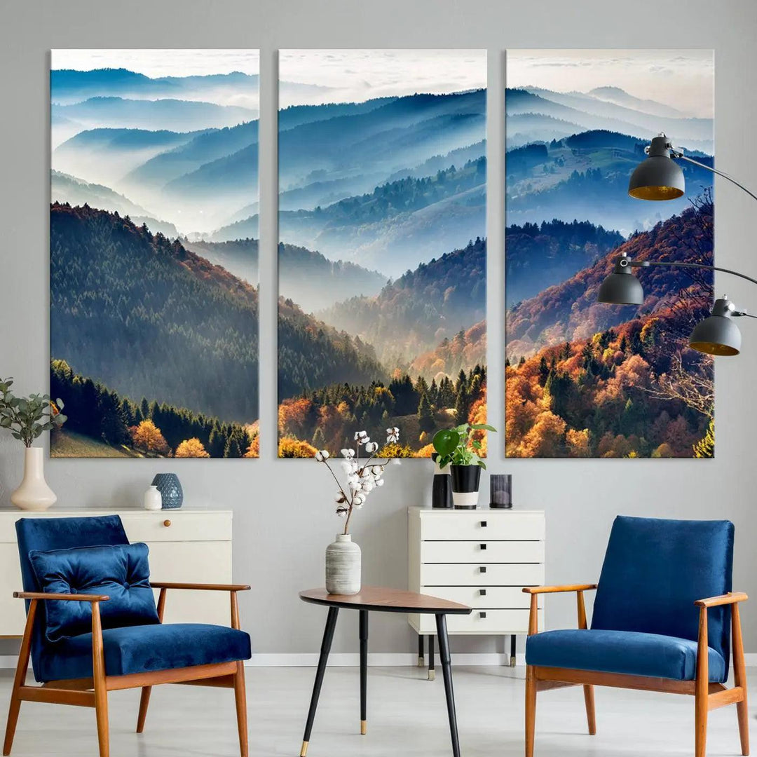 Transform your living room with the "Mountains Forest Autumn Wall Art Canvas Print," a stunning triptych showcasing misty mountains and forests. This museum-quality canvas comes with a UV-protective coating and is ready to hang, perfect for displaying above your sofa.