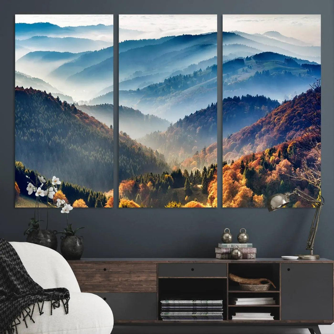 Transform your living room with the "Mountains Forest Autumn Wall Art Canvas Print," a stunning triptych showcasing misty mountains and forests. This museum-quality canvas comes with a UV-protective coating and is ready to hang, perfect for displaying above your sofa.