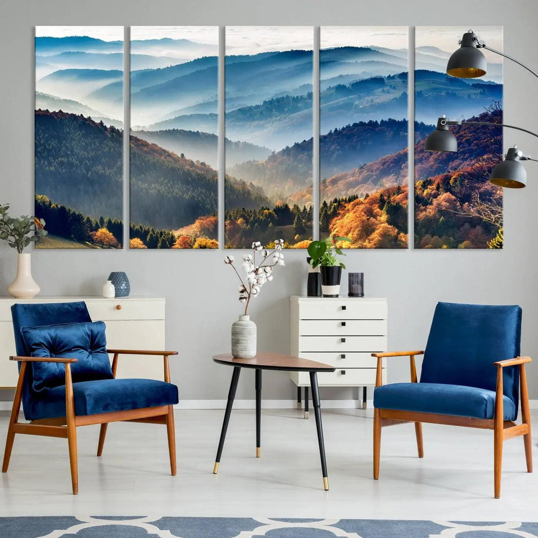 Transform your living room with the "Mountains Forest Autumn Wall Art Canvas Print," a stunning triptych showcasing misty mountains and forests. This museum-quality canvas comes with a UV-protective coating and is ready to hang, perfect for displaying above your sofa.