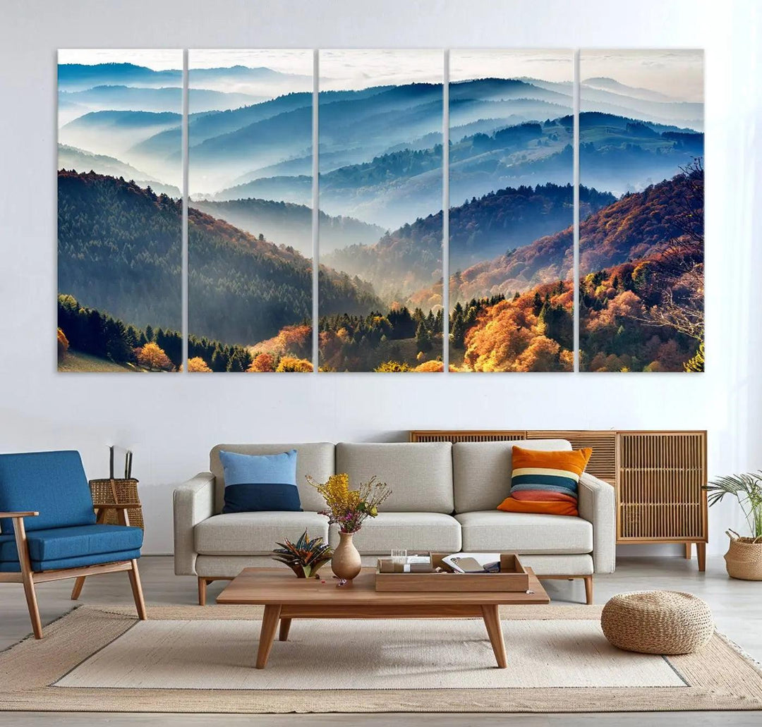 Transform your living room with the "Mountains Forest Autumn Wall Art Canvas Print," a stunning triptych showcasing misty mountains and forests. This museum-quality canvas comes with a UV-protective coating and is ready to hang, perfect for displaying above your sofa.