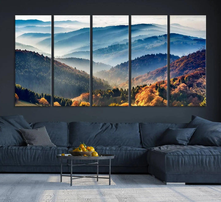 Transform your living room with the "Mountains Forest Autumn Wall Art Canvas Print," a stunning triptych showcasing misty mountains and forests. This museum-quality canvas comes with a UV-protective coating and is ready to hang, perfect for displaying above your sofa.