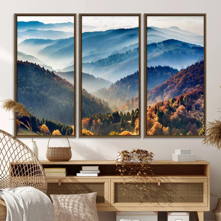 Transform your living room with the "Mountains Forest Autumn Wall Art Canvas Print," a stunning triptych showcasing misty mountains and forests. This museum-quality canvas comes with a UV-protective coating and is ready to hang, perfect for displaying above your sofa.