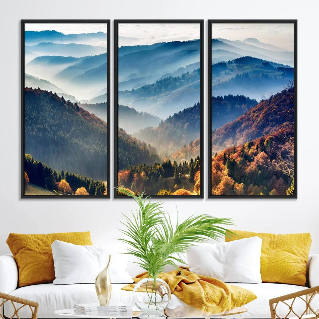 Transform your living room with the "Mountains Forest Autumn Wall Art Canvas Print," a stunning triptych showcasing misty mountains and forests. This museum-quality canvas comes with a UV-protective coating and is ready to hang, perfect for displaying above your sofa.