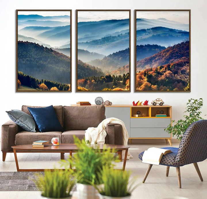 Transform your living room with the "Mountains Forest Autumn Wall Art Canvas Print," a stunning triptych showcasing misty mountains and forests. This museum-quality canvas comes with a UV-protective coating and is ready to hang, perfect for displaying above your sofa.