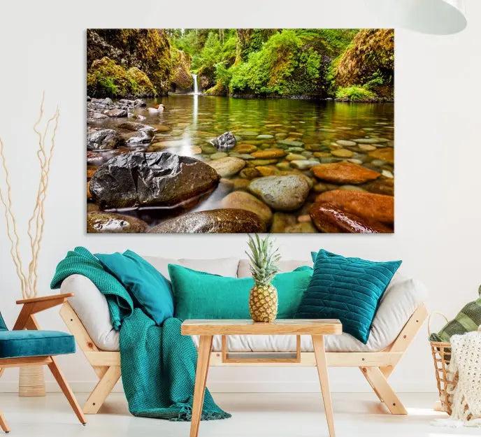 The Mt. Hood Nal Forest Wall Art Canvas Print showcases a serene forest stream, crafted on museum-quality canvases with a UV-protective coating. These ready-to-hang pieces are designed to bring tranquility to your space.