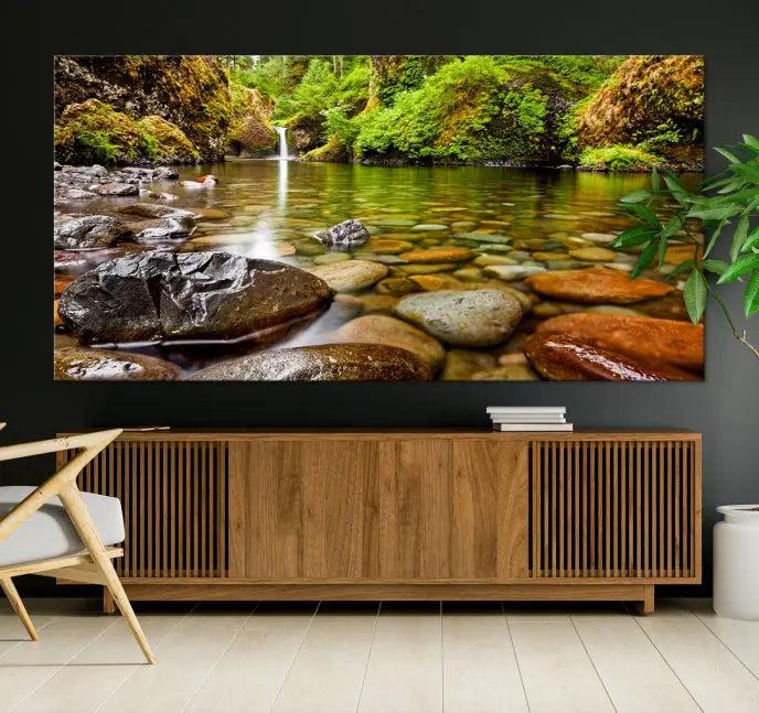 The Mt. Hood Nal Forest Wall Art Canvas Print showcases a serene forest stream, crafted on museum-quality canvases with a UV-protective coating. These ready-to-hang pieces are designed to bring tranquility to your space.