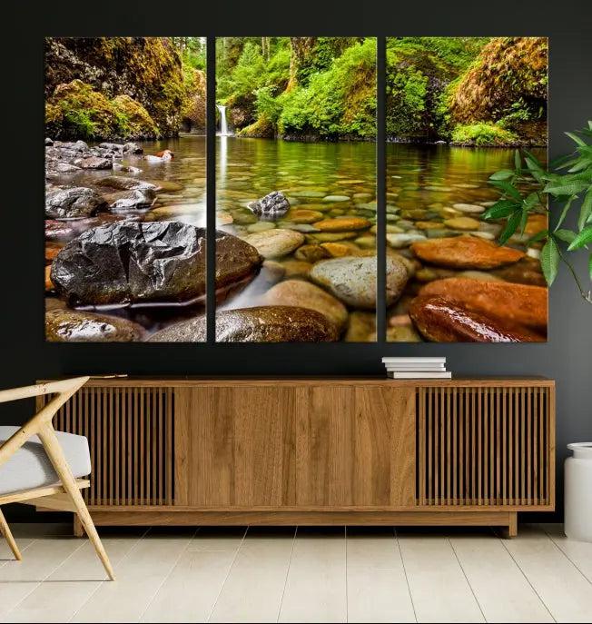 The Mt. Hood Nal Forest Wall Art Canvas Print showcases a serene forest stream, crafted on museum-quality canvases with a UV-protective coating. These ready-to-hang pieces are designed to bring tranquility to your space.