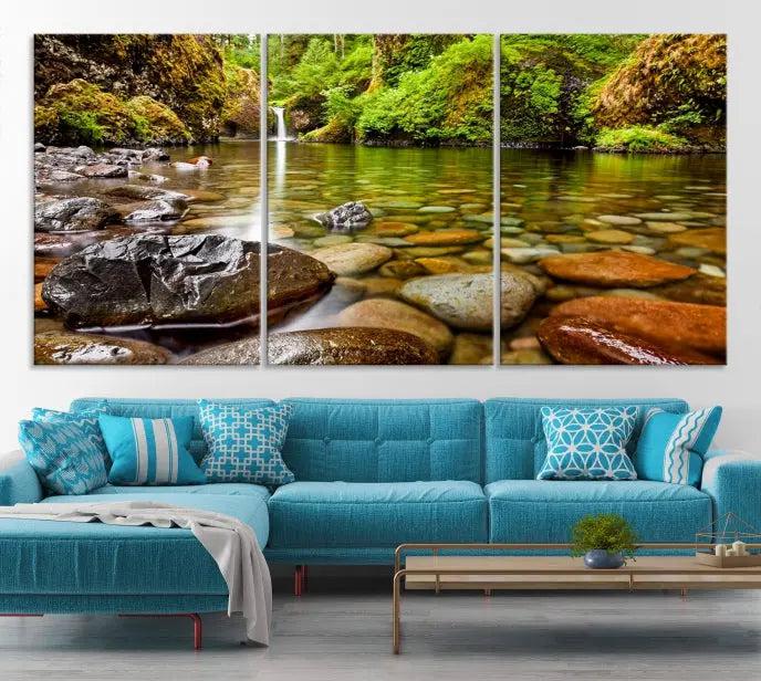 The Mt. Hood Nal Forest Wall Art Canvas Print showcases a serene forest stream, crafted on museum-quality canvases with a UV-protective coating. These ready-to-hang pieces are designed to bring tranquility to your space.