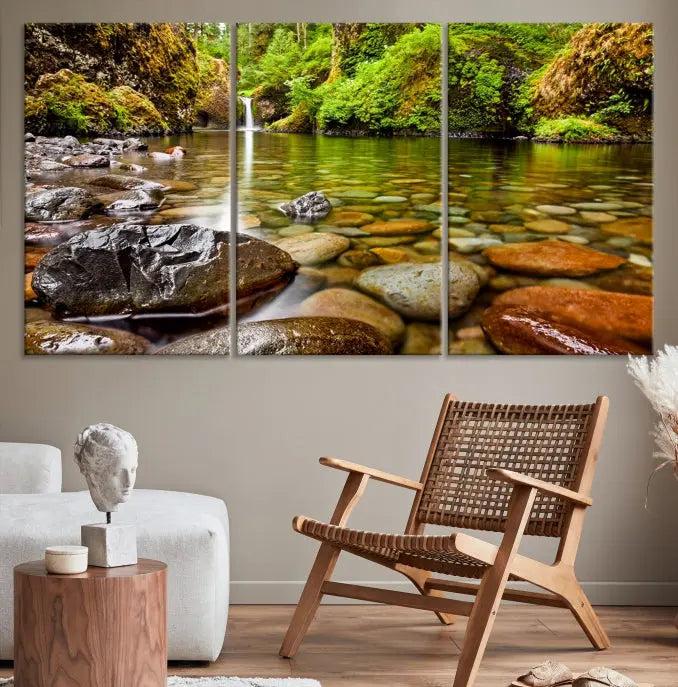 The Mt. Hood Nal Forest Wall Art Canvas Print showcases a serene forest stream, crafted on museum-quality canvases with a UV-protective coating. These ready-to-hang pieces are designed to bring tranquility to your space.