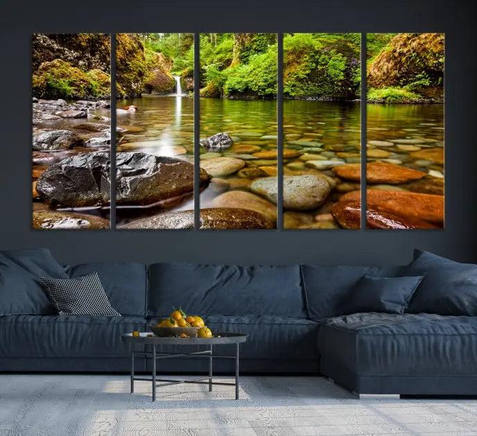 The Mt. Hood Nal Forest Wall Art Canvas Print showcases a serene forest stream, crafted on museum-quality canvases with a UV-protective coating. These ready-to-hang pieces are designed to bring tranquility to your space.