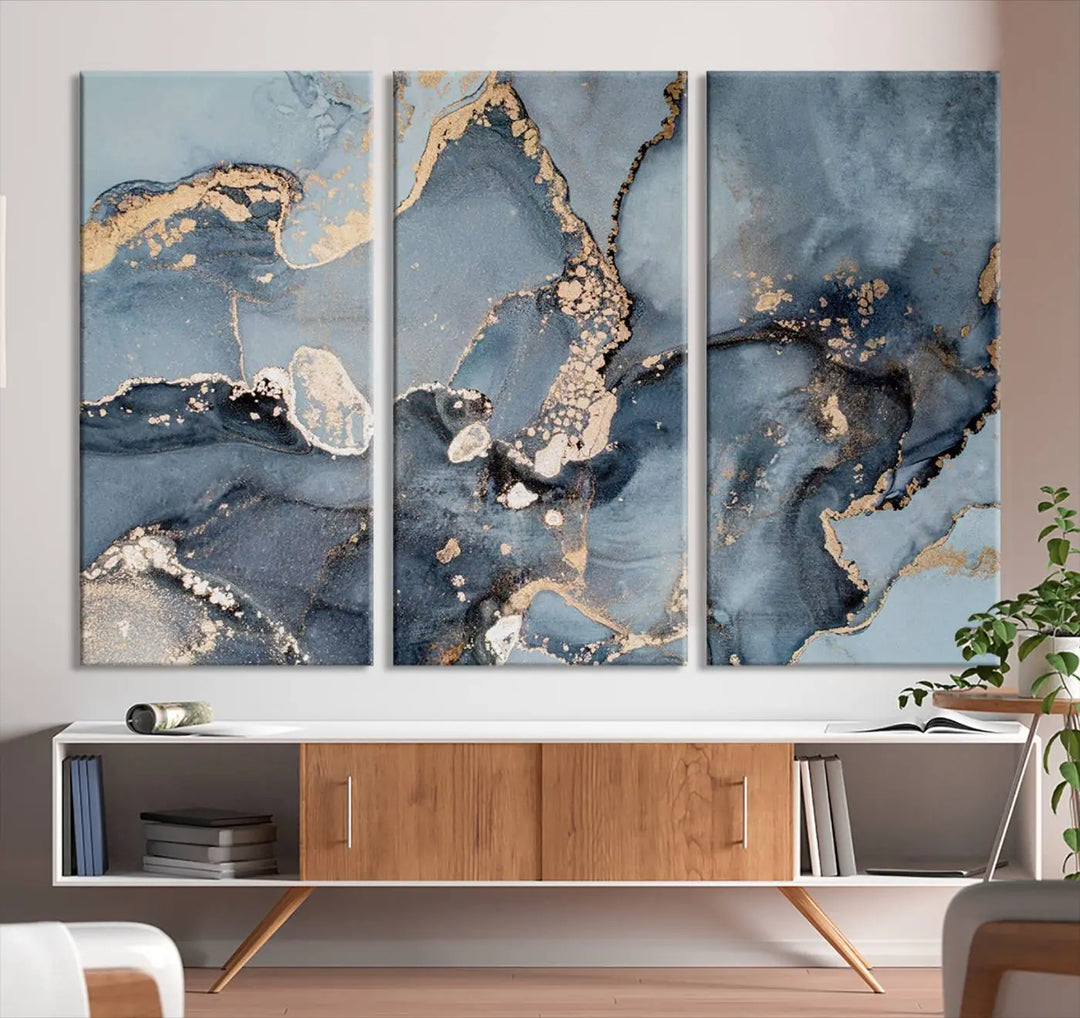 The wall is graced by the "Multipanel Marble Fluid Effect Wall Art Abstract Canvas Wall Art Print." These museum-quality canvases come with a UV-protective coating to ensure their longevity and include the convenience of free shipping.