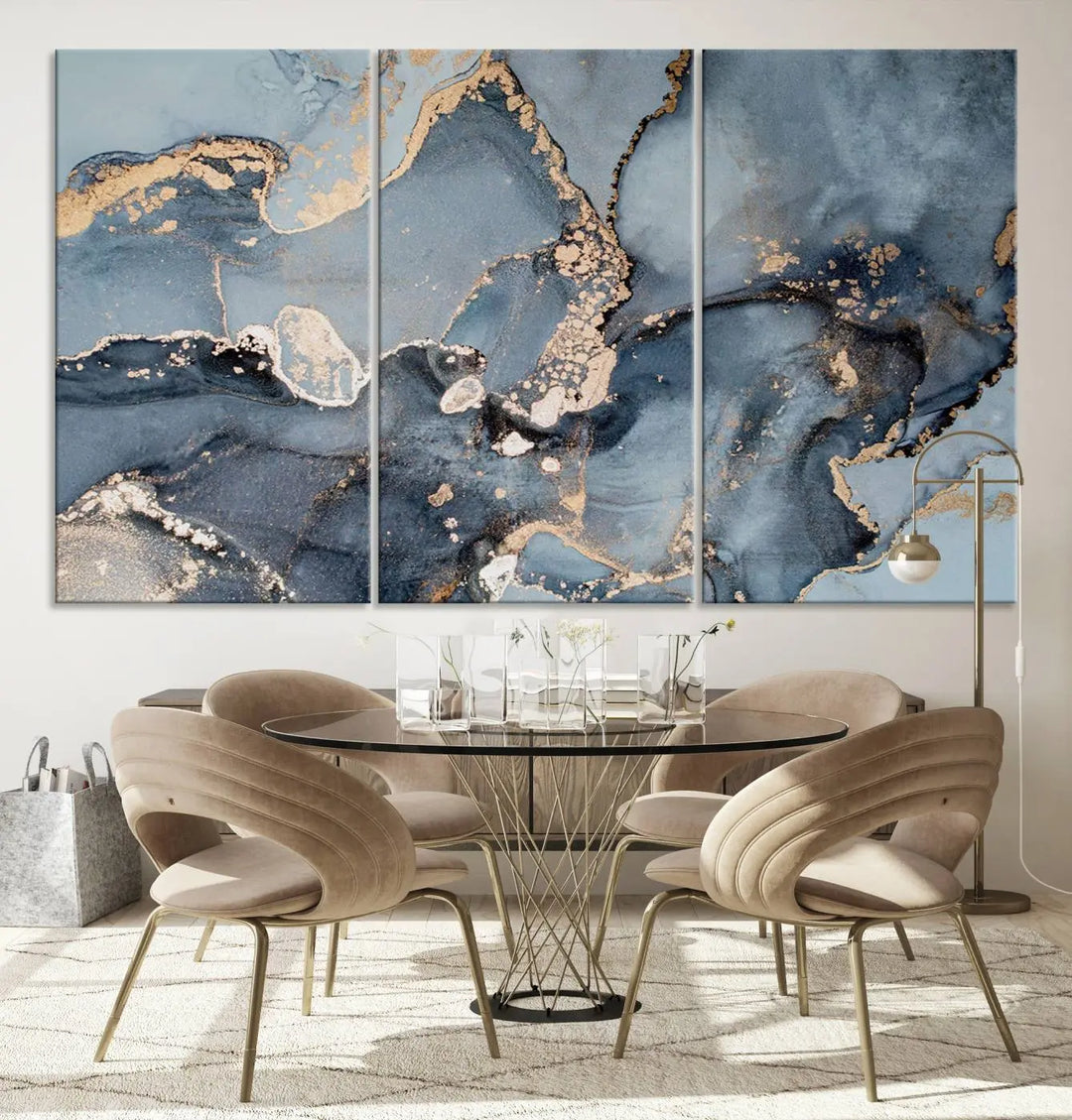 The wall is graced by the "Multipanel Marble Fluid Effect Wall Art Abstract Canvas Wall Art Print." These museum-quality canvases come with a UV-protective coating to ensure their longevity and include the convenience of free shipping.