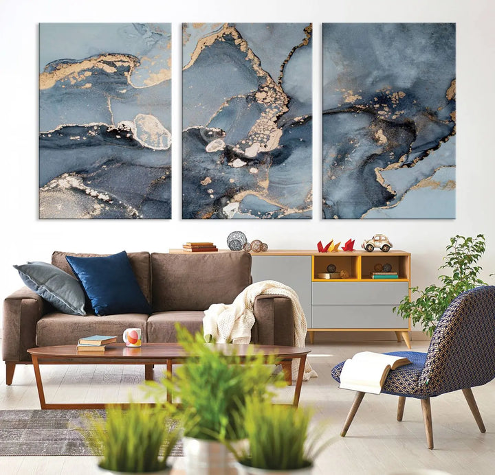 The wall is graced by the "Multipanel Marble Fluid Effect Wall Art Abstract Canvas Wall Art Print." These museum-quality canvases come with a UV-protective coating to ensure their longevity and include the convenience of free shipping.