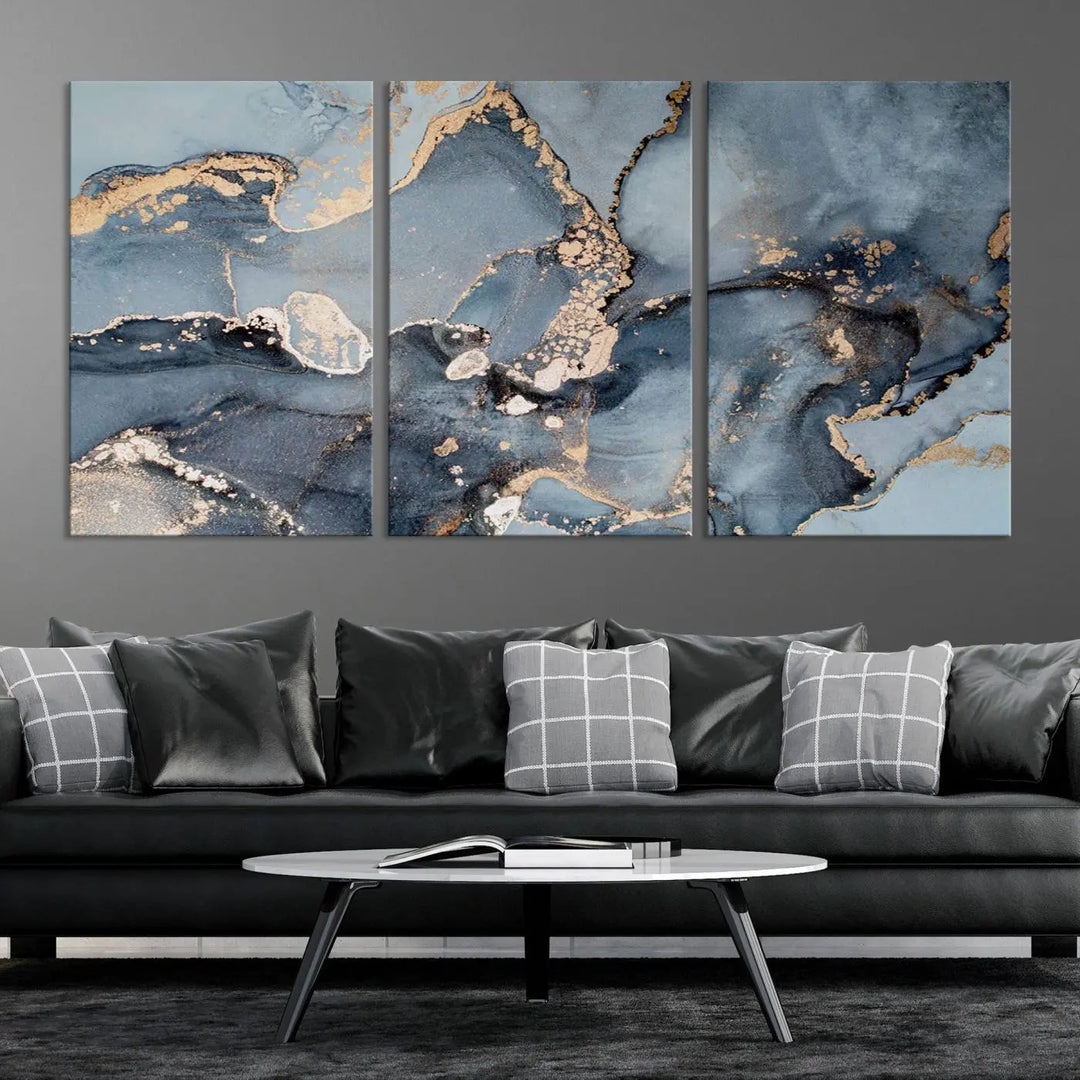 The wall is graced by the "Multipanel Marble Fluid Effect Wall Art Abstract Canvas Wall Art Print." These museum-quality canvases come with a UV-protective coating to ensure their longevity and include the convenience of free shipping.