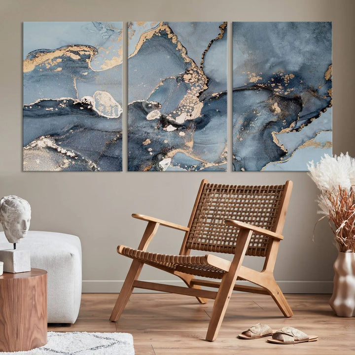 The wall is graced by the "Multipanel Marble Fluid Effect Wall Art Abstract Canvas Wall Art Print." These museum-quality canvases come with a UV-protective coating to ensure their longevity and include the convenience of free shipping.