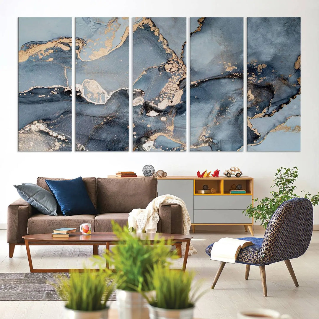 The wall is graced by the "Multipanel Marble Fluid Effect Wall Art Abstract Canvas Wall Art Print." These museum-quality canvases come with a UV-protective coating to ensure their longevity and include the convenience of free shipping.