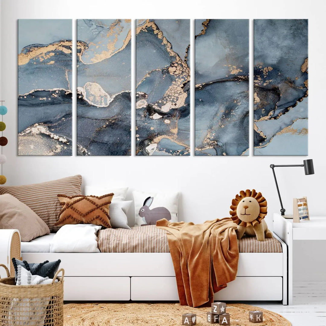 The wall is graced by the "Multipanel Marble Fluid Effect Wall Art Abstract Canvas Wall Art Print." These museum-quality canvases come with a UV-protective coating to ensure their longevity and include the convenience of free shipping.