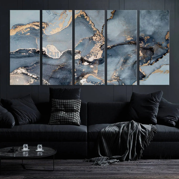 The wall is graced by the "Multipanel Marble Fluid Effect Wall Art Abstract Canvas Wall Art Print." These museum-quality canvases come with a UV-protective coating to ensure their longevity and include the convenience of free shipping.